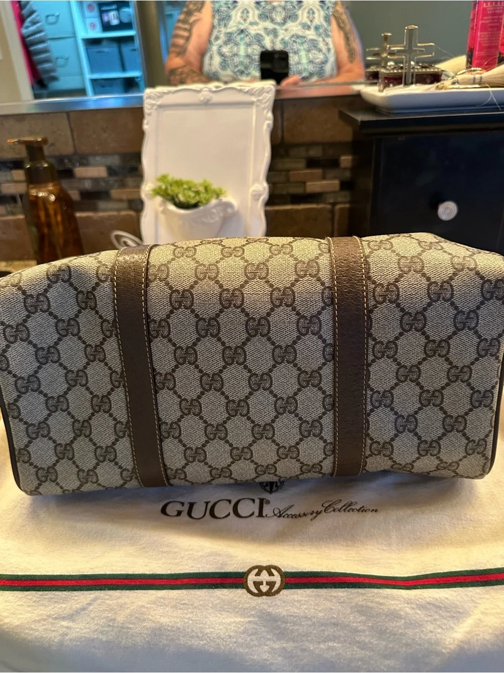 Gucci Brown GG Supreme Canvas Satchel with Signature Web Stripe
